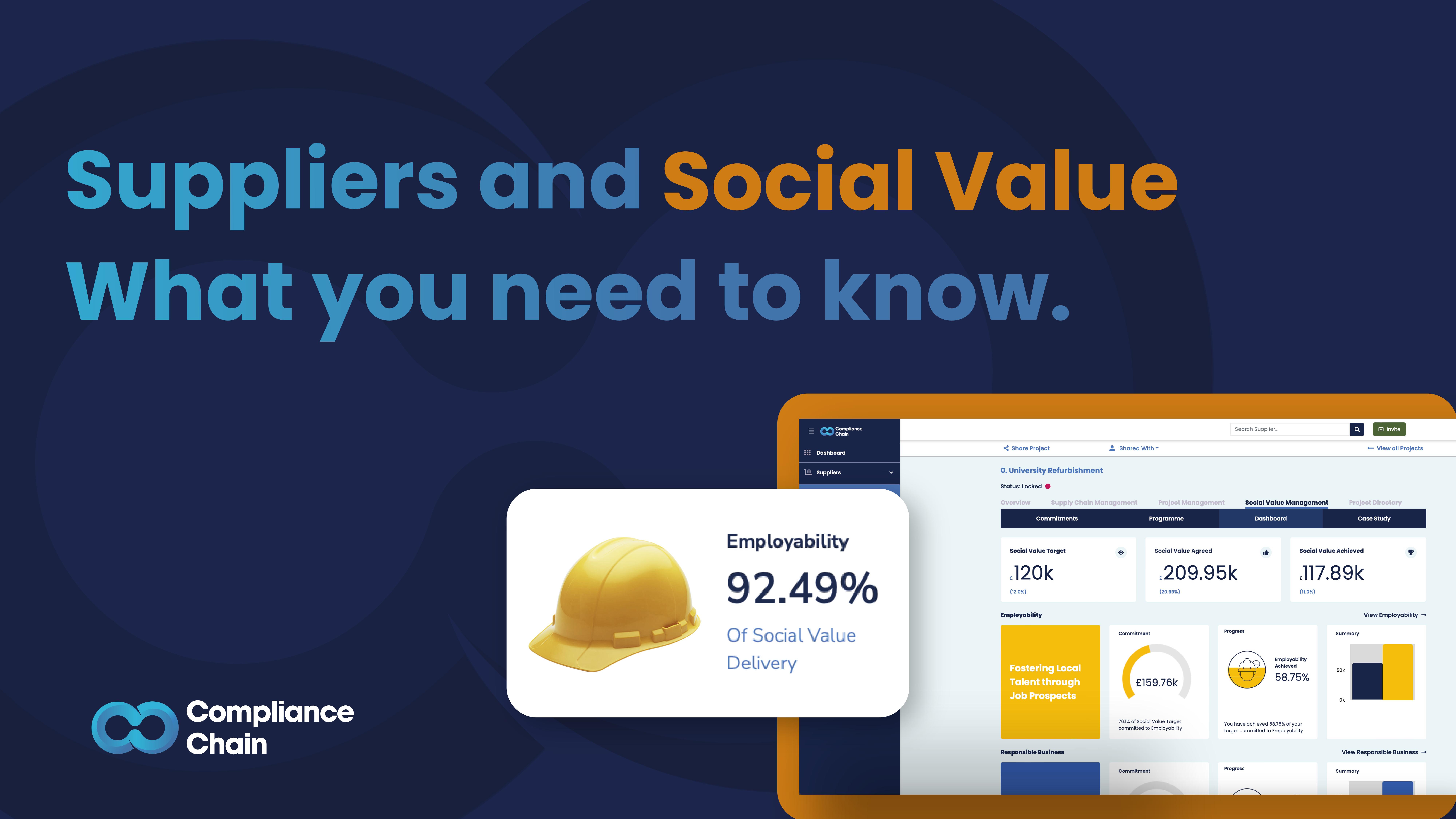 Suppliers and Social Value - What you need to know title showcasing Compliance Chain Social Value software highlighting Employability of 92%